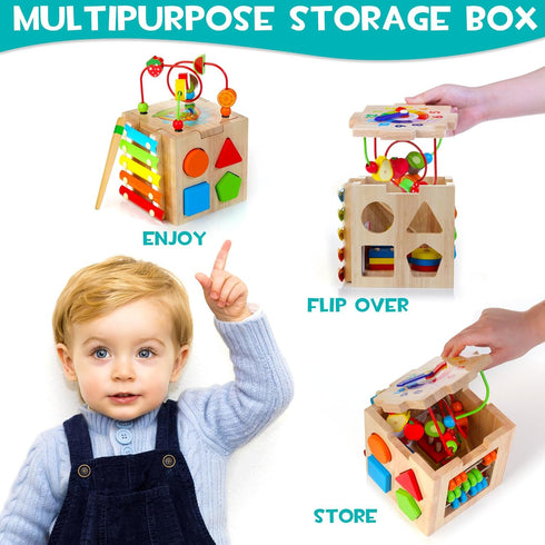 8-in-1 Pack Packaging HELLOWOOD Wooden Activity Cube for Kids, Sorting & Stacking Toys Shape Match Xylophone Montessori