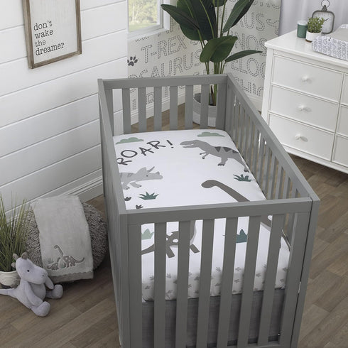 NoJo Baby-Saurus Nursery Fitted Crib Sheet - Roar White, Gray & Green Dinosaur Design