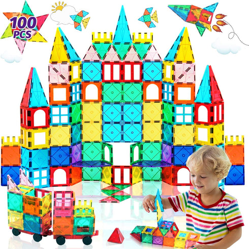 100PCS Magnetic Tiles Blocks for Kids Ages 3-8, STEM Educational Magnet Building Toys for Toddlers, Gifts for 3-8 Year