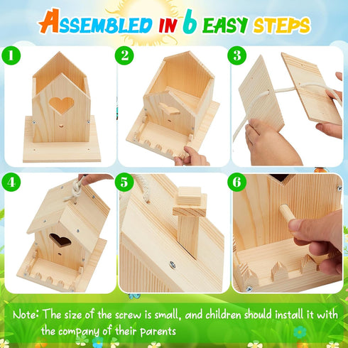 Juexica 4 Pack Birdhouse Kit - DIY Wooden Bird House with Paint and Brushes for Indoor/Outdoor Craft Fun