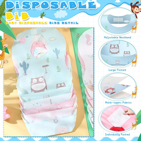 Floraltop 100/200 Pcs Disposable Baby Bibs Bulk Travel Feeding Bib Soft Food Catcher Pocket for Toddlers Girls Boys