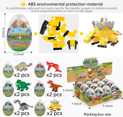 auryee 12PCS Sets 6+ Pre Filled Easter Eggs Dinosaurs Party Favors Party Supplies Building Blocks Mini Animal
