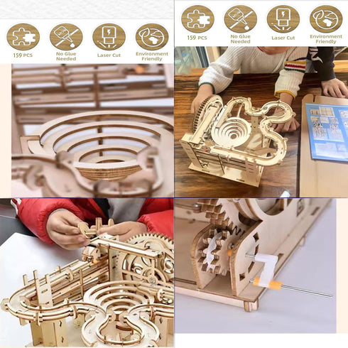 AIJUYE 3D 159pc 4 4hr 14+ Wooden Puzzles for Adults Marble Run Kit - Steel Marbles Build Mechanical Maze Model STEM
