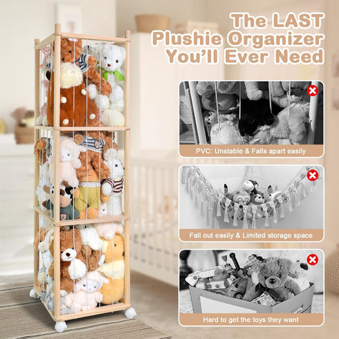 BENCHRY Bedroom-54.3 Inch Stuffed Animal Storage, Wood Stuffed Animal Zoo Storage with Brake Wheels, Space Save Toy