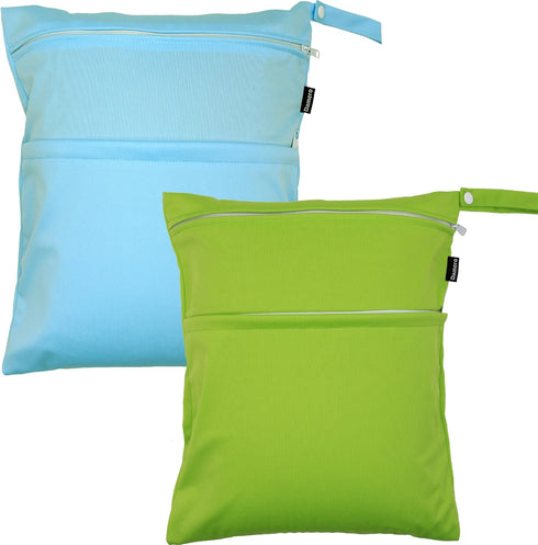 Damero 2 Pack Travel Wet Dry Bag Organizer with 2 Pockets for Cloth Diaper, Baby Clothes, Pumping Parts, Medium,