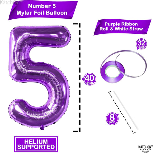 KatchOn Giant Purple 5 Balloon Number - 40 Inch Mylar Purple Number 5 Balloon for Birthday Decorations