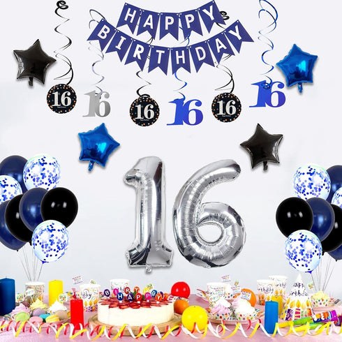 16th Birthday Decorations for Boys and Girls, Dark Blue HAPPY BIRTHDAY Banner, Silver Number 16 Balloons