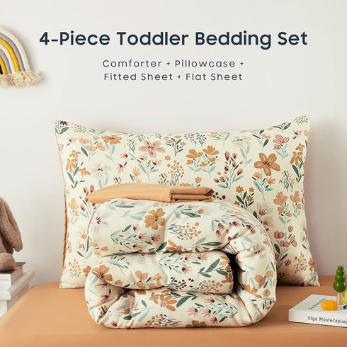 Set 4 Set Wake In Cloud - Floral Toddler Bedding for Girls, Cute Colorful Botanical Flowers, Pieces Soft Crib Bed