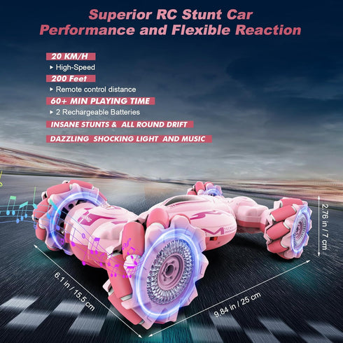 Pink RC Car Toys for Girls Aged 6-12, Gesture Sensing Stunt Car with Lights Music for Birthday Gifts