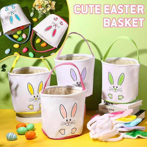 12 Set Domensi Pcs Easter Basket for Kids Canvas Easter Baskets with Handles and Plush Bunny Ear Headbands, Reusable