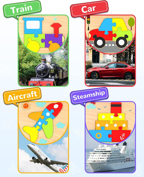 Wooden Vehicle Toddler Puzzles for 1 2 3 Years Old - Baby STEM Educational Toy Gift with 4 Vehicles Montessori