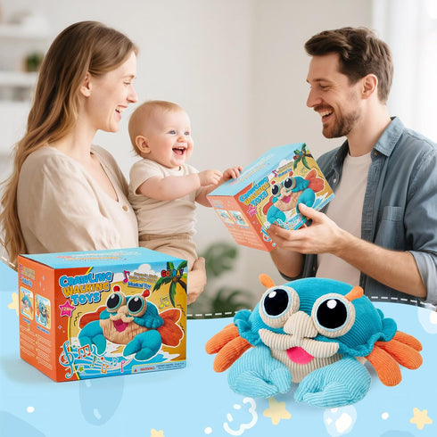 12-18 50 Tummy 1-3 Golray Baby Crawling Toys Months, Musical Dancing Walking Moving Crab with Pure Cotton & Songs, Time