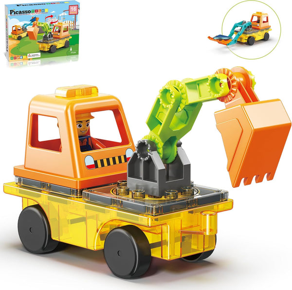 PicassoTiles Magnet Tiles Building Block 2-in-1 Excavator & Backhoe Brick Compatible Construction