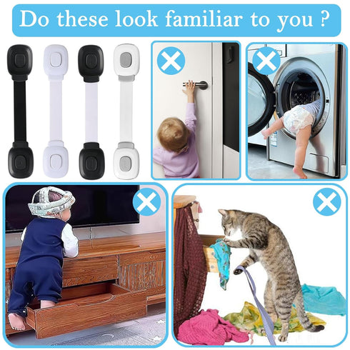 Fursafe&Q Cabinet Locks Baby Proofing, Child Safety Strap Locks Adhesive Black - Child Proof Fridge Lock Drawer Door