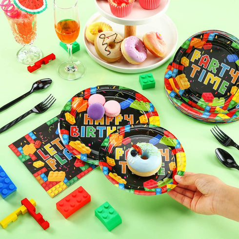 100 Pcs Building Block Party Supplies, Tableware Plates Napkins, Building Block Party Decoration for Birthday Party