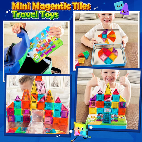 60PCS Soyee Mini Travel Magnetic Tiles with Metal Tin Case Toddler Kids Toys Travel Essentials, Toddler Travel Toys