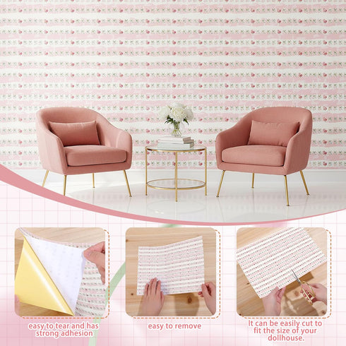 3 1:12 8.27 11.69 Inch(Pink Flutesan Pcs Miniature Dollhouse Wallpaper and Flooring Peel and Stick Scale Self Adhesive
