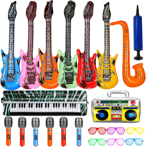 22 Pack Inflatable Guitar Set - Blow Up Guitars, Microphones, Glasses, Saxophone, Piano, and Recorder for Kids