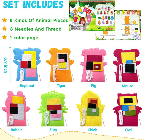 Creatoy 8pcs 4-9 Animal Hand Puppet Crafts Kit for Kids Sewing Kits for Girls Felt DIY Sewing Projects Toddler
