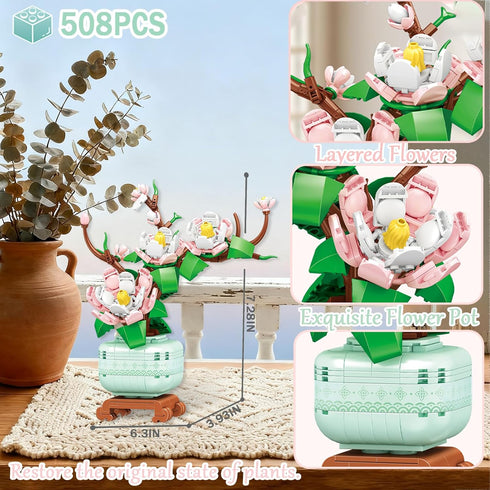 USVillGO 3 Set, Poinsettia-Pink (1576PCS) Botanicals Bonsai Flowers Building Blocks Lucky Bamboo-Red Orchid Artificial