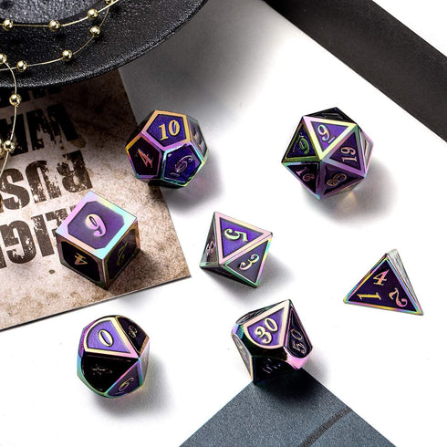 Purple Metal Dice Set D&D - 7 Die Enamel Polyhedral Dice Set with Metal Tin for Role Playing Game
