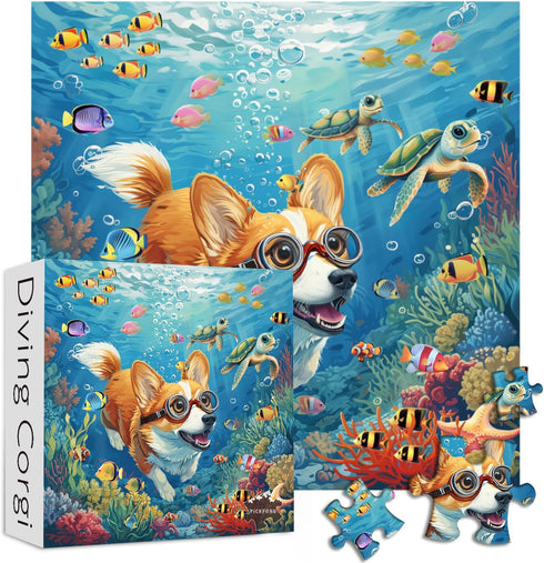 PICKFORU Dog Puzzles for Adults, 1000 Pieces and up, Ocean Puzzles, Funny Puppy Collection Corgi Sea Turtle Fish Decor