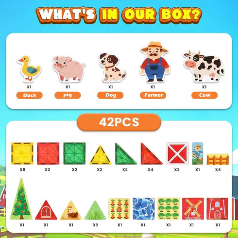 3 42PCS Otters Magnetic Tiles Toys with Farm Animals, Magnetic Building Blocks Educational STEM Toys for Birthday Party