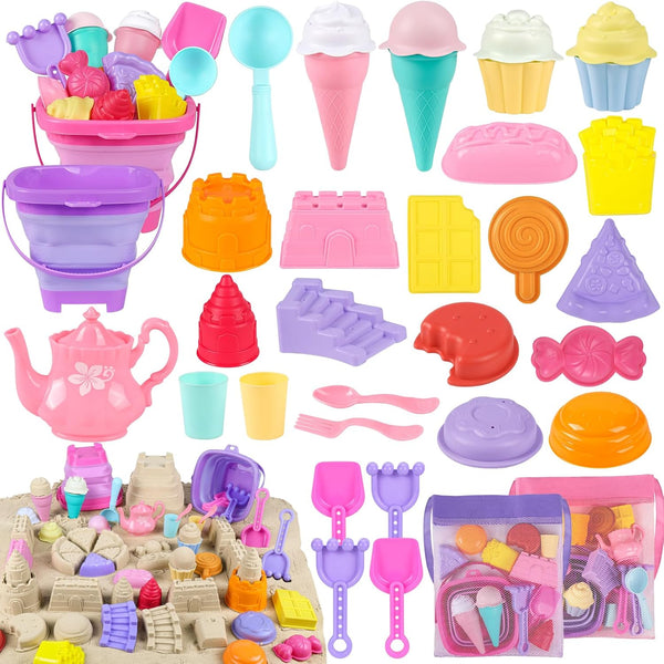 REZUCREY Collapsible Beach Toys for Toddlers, Sand Bucket and Shovels Set, Ice Cream