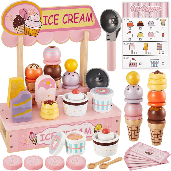 HERSITY Wooden Ice Cream Counter Pretend Play Food for Toddlers 3-5, Ice