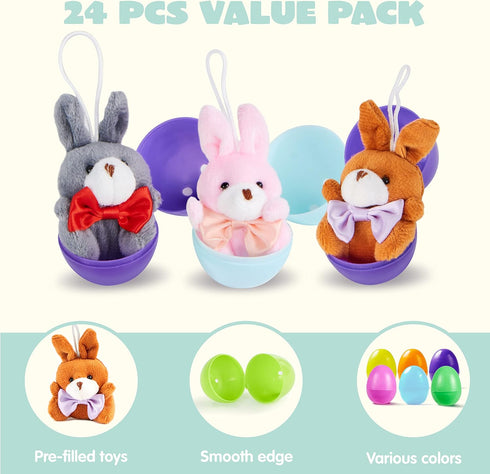 24 JOYIN Pcs Pre-Filled Easter Egg with Plush Bunnies and Bears, Plush Animal Keychain for Kids Easter Egg Hunt, Goodie