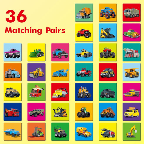 Hebayy Truck Matching Game, 72 PCS Traffic Memory Matching Cards for Toddlers, Educational Toys for Preschool Boys &