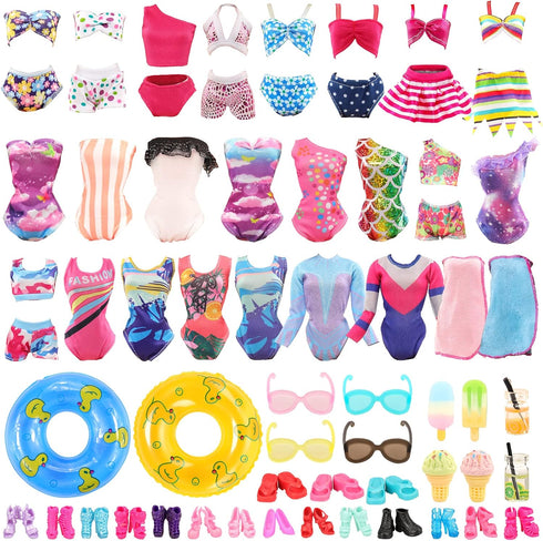 Lot 26 Pack Doll Clothes and Accessories Beach Bathing Set Including 5 Swimsuits, 1 Bathrobe, and More