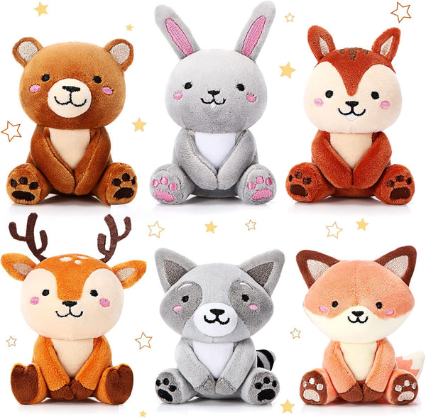 Aoriher 6 Pcs Mini Woodland Animals Plush Toys, 4 Inch Cute Plush Bear, Rabbit, Squirrel, Raccoon Keychains