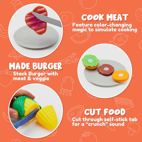 Kids BBQ Grill Playset, Kitchen Toy Set with Pretend Smoke, Light, Sound & Color-Changing Food for Boys & Girls