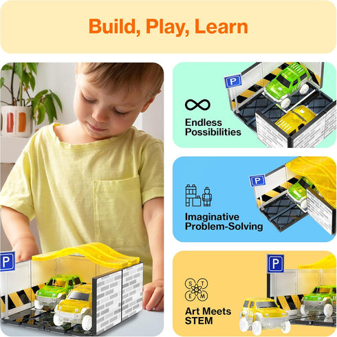 Pack 2 Set 3+ PTR07 PicassoTiles Magnetic Tiles Race Car Track Kit Parking Garage Expansion with Cars Magnet Tile