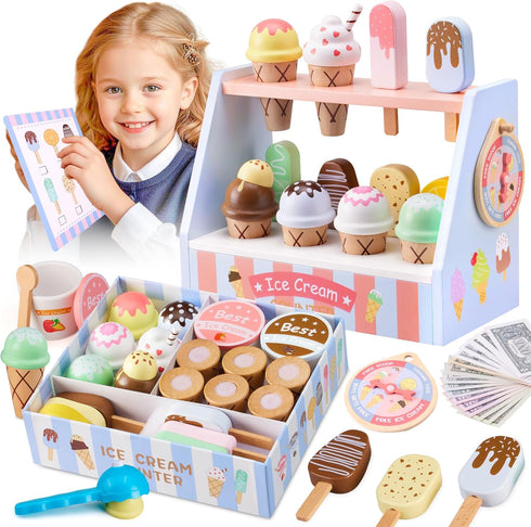 Set Counter Playset 3 4 5 6 Ehome Wooden Ice Cream Toys Pretend Play Food Store for Kids Serve Ice Cream Shop Kitchen
