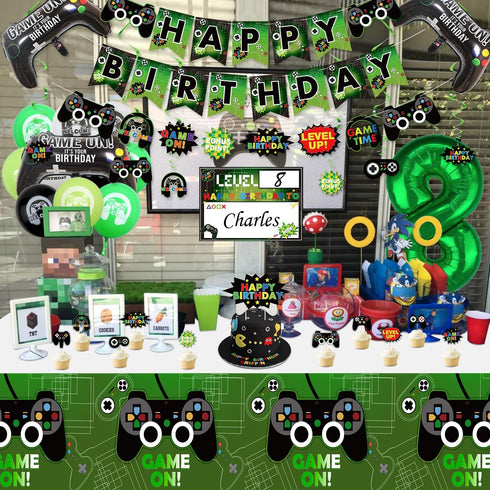 Video Game Party Decorations - 8th Birthday Supplies with HAPPY BIRTHDAY Banner, Tablecloth, Balloons