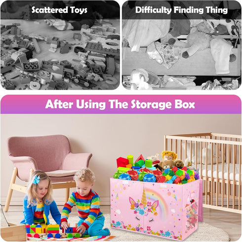 Large Toy Box Chest - Collapsible Sturdy Organizer for Kids, 25"x13"x16" Pink Toy Storage Bins with Lids