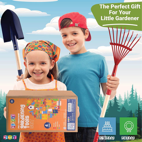 Play22 Set 4-Piece Kids Garden Tool Toy - Shovel, Rake, Hoe, Leaf Rake, Wooden Gardening Tools for Kids Best Outdoor