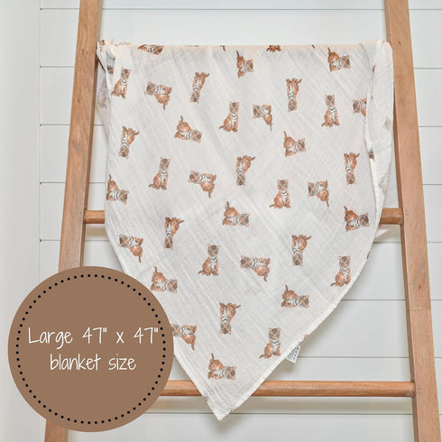 Swaddle Blanket, 100% Muslin Cotton, Gender Neutral Newborn Nursery Essentials for Boys and Girls, Tiger Cub Print