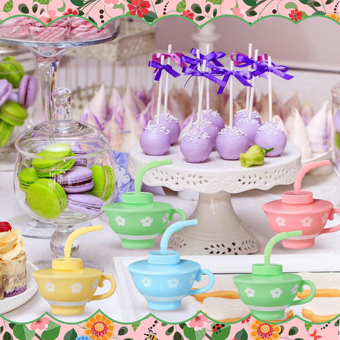 Zhehao 24 9 oz Pieces Plastic Tea Cups with Lids and Straws for Kids Tea Party Reusable Disposable Party Teacups Bulk