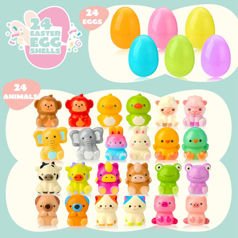 24 JOYIN Pcs Easter Prefilled Eggs with Animals Squishy Toys, Cute Toys for Easter Egg Hunt, Kids Party Favor, Basket
