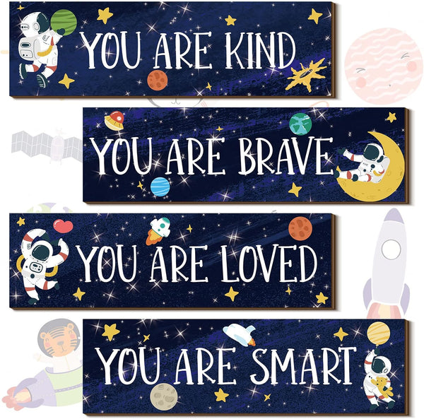 Yookeer 4 Pcs Space Room Decor for Kids Boys Outer Space Wall