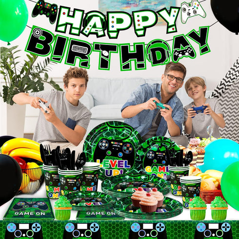 Video Game Party Supplies - 128pcs Tableware Set with Plates, Cups, Tablecloth, and Banner for Kids' Birthday
