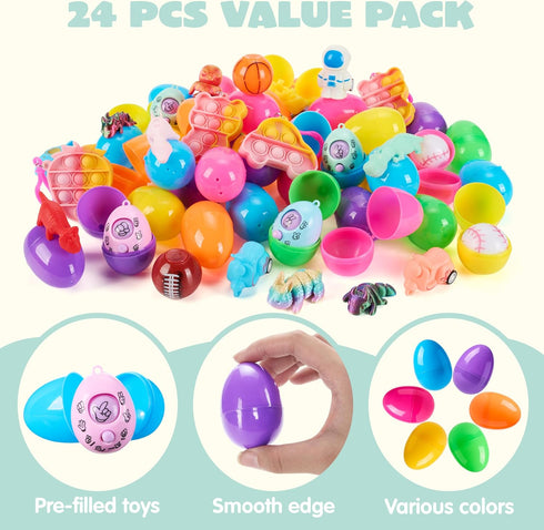 24 JJOYIN Pcs Prefilled Easter Eggs with Assorted Toys, Filled with Easter Toys, Easter Basket Stuffers for Kids