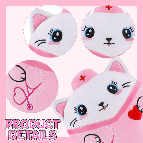 8-Inch Nurse Cat Stuffed Animal, Pink Cat Plush Toy with Stethoscope Embroidery, Cute Cat Plushie Pillow Gifts