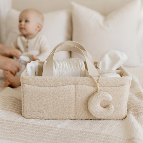 Orelle Boucl Diaper Caddy Organizer with Matching Pouch & Moon Pendant | Teddy Portable Changing Table Organizer |