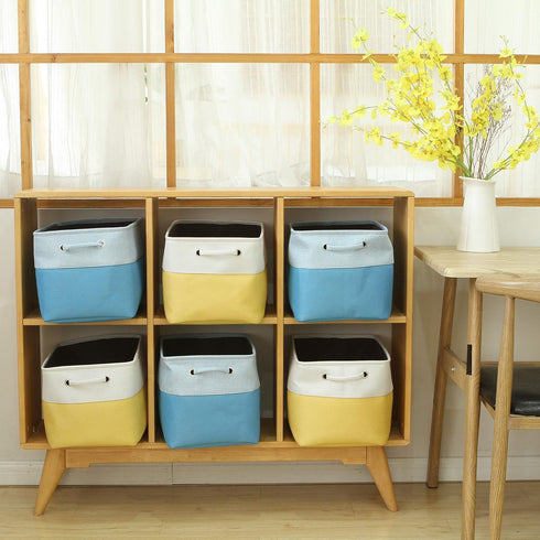 Sea Team 3-Pack Large Storage Basket Set, 15 x 10 x 10 Inches, Trunk Organizer for Clothes Toys Bin (Yellow/White)