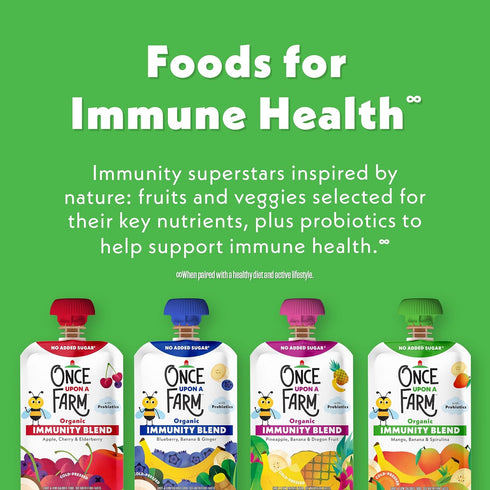 Immunity Multipack, 4-3.2oz Once Upon a Farm Organic Blend Mango, Banana & Spirulina and Apple, Cherry & Elderberry