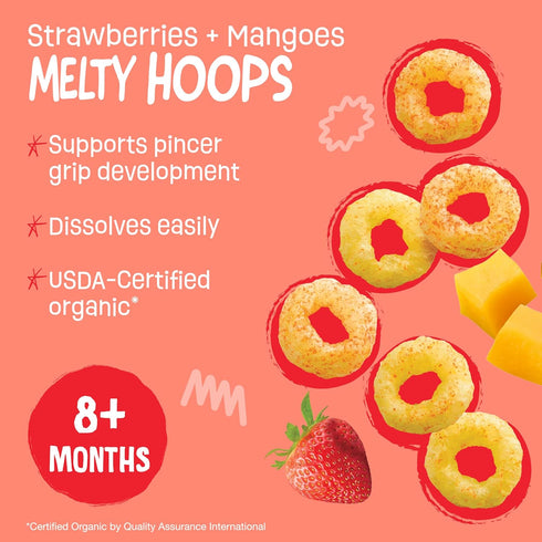 8 0.32 (Pack 4) Earth's Best Organic Melty Hoops, Bite-Sized Snacks for Babies Months and Up, Strawberry and Mango